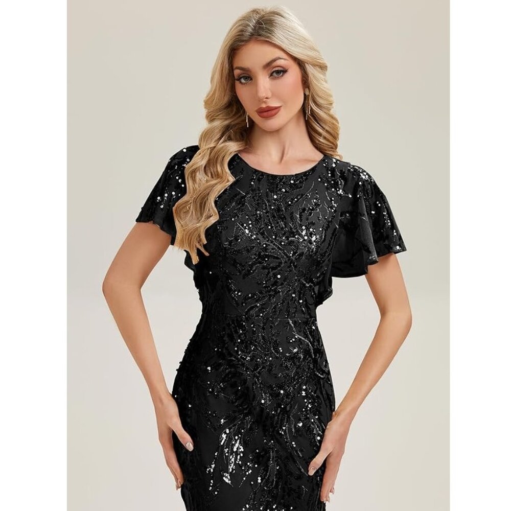 Ever Pretty Black Sequin Short Sleeve Mermaid Gown Formal Dress Sz 12 NWT! - Picture 5 of 7